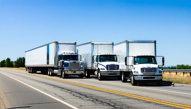 Wolfline Dispatch fleet featuring dry van, reefer, flatbed, box truck, and sprinter van on the road