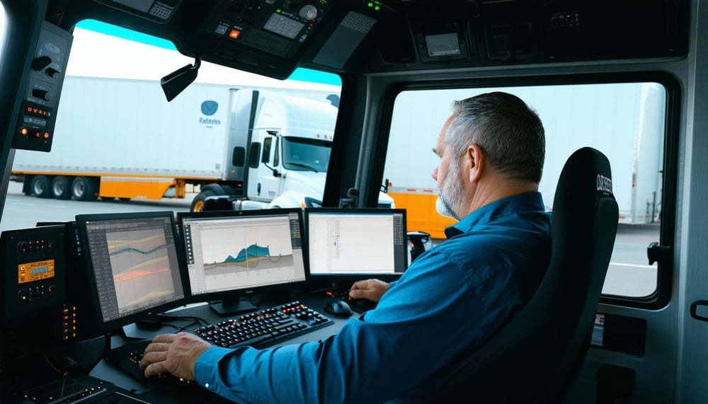 Professional dispatcher coordinating trucking logistics for owner-operators
